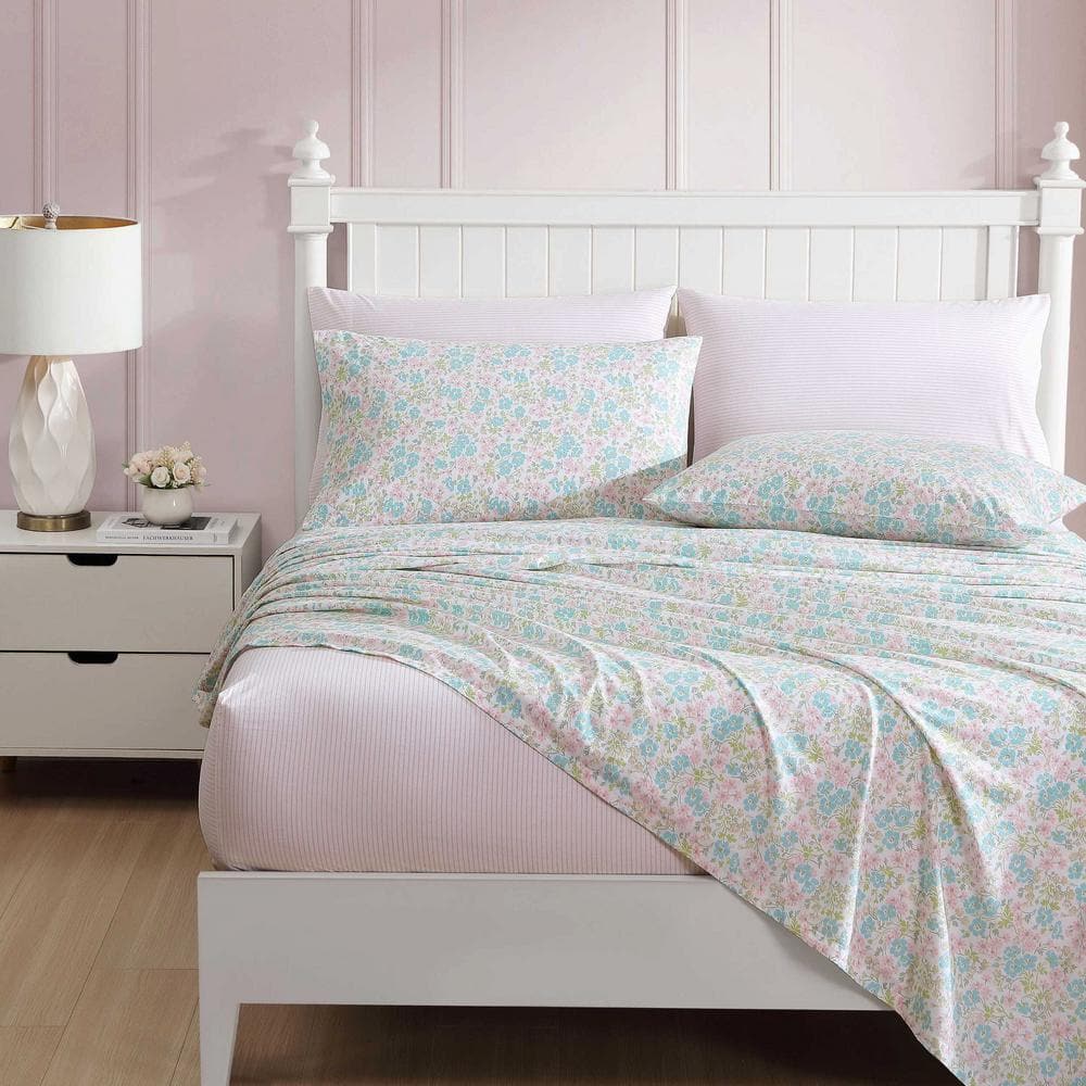 Jaynie Pink and Blue Floral Cotton Queen Sheet Set
