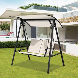 Black 2-Person Metal Porch Swing with Beige Adjustable Sunshade Canopy