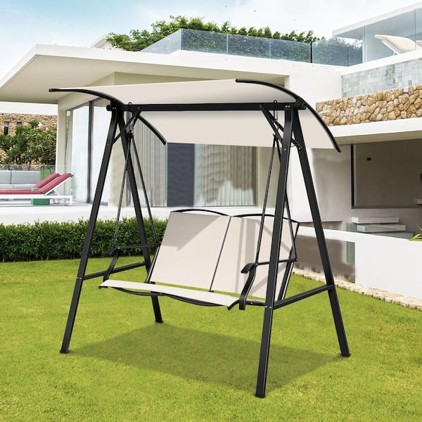 Black 2-Person Metal Porch Swing with Beige Adjustable Sunshade Canopy