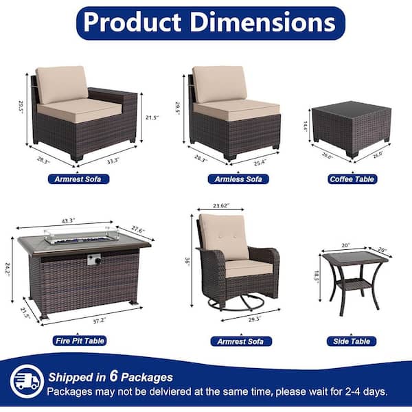 10-Piece Wicker Outdoor Patio Conversation Set with Propane Fire Pit Table, Swivel Rocking Chairs and Cushion Khaki