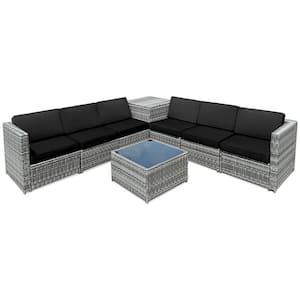 8-Piece Wicker Patio Conversation Set with Black Cushions Storage Table and Coffee Table
