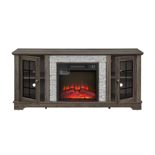 58 in. Freestanding Faux Stone 18 in. Electric Fireplace TV Stand Storage Cabinet Media Console in Gray