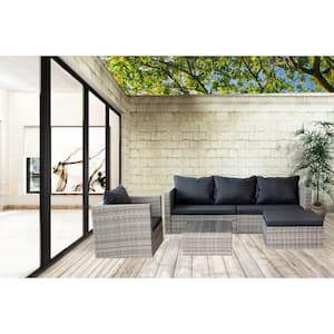 4-Piece PE Wicker Patio Conversation Elegant Outdoor Garden Sofa Furniture Set with Table and Ottoman, Gray Cushion