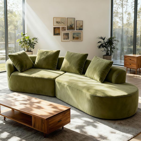 CHRISTOPHER KNIGHT HOME Salta Modern 116 in. 2-Piece Polyester Upholstery Curved Sectional Sofa in. Green with Compressed Sponge, Pillows