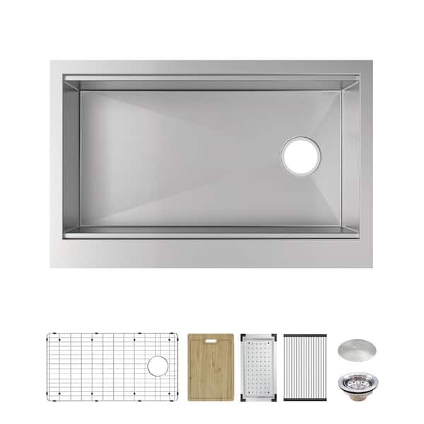Glacier Bay Professional Zero Radius 33 in. Apron-Front Single Bowl 16G Stainless Steel Workstation Kitchen Sink with Accessories