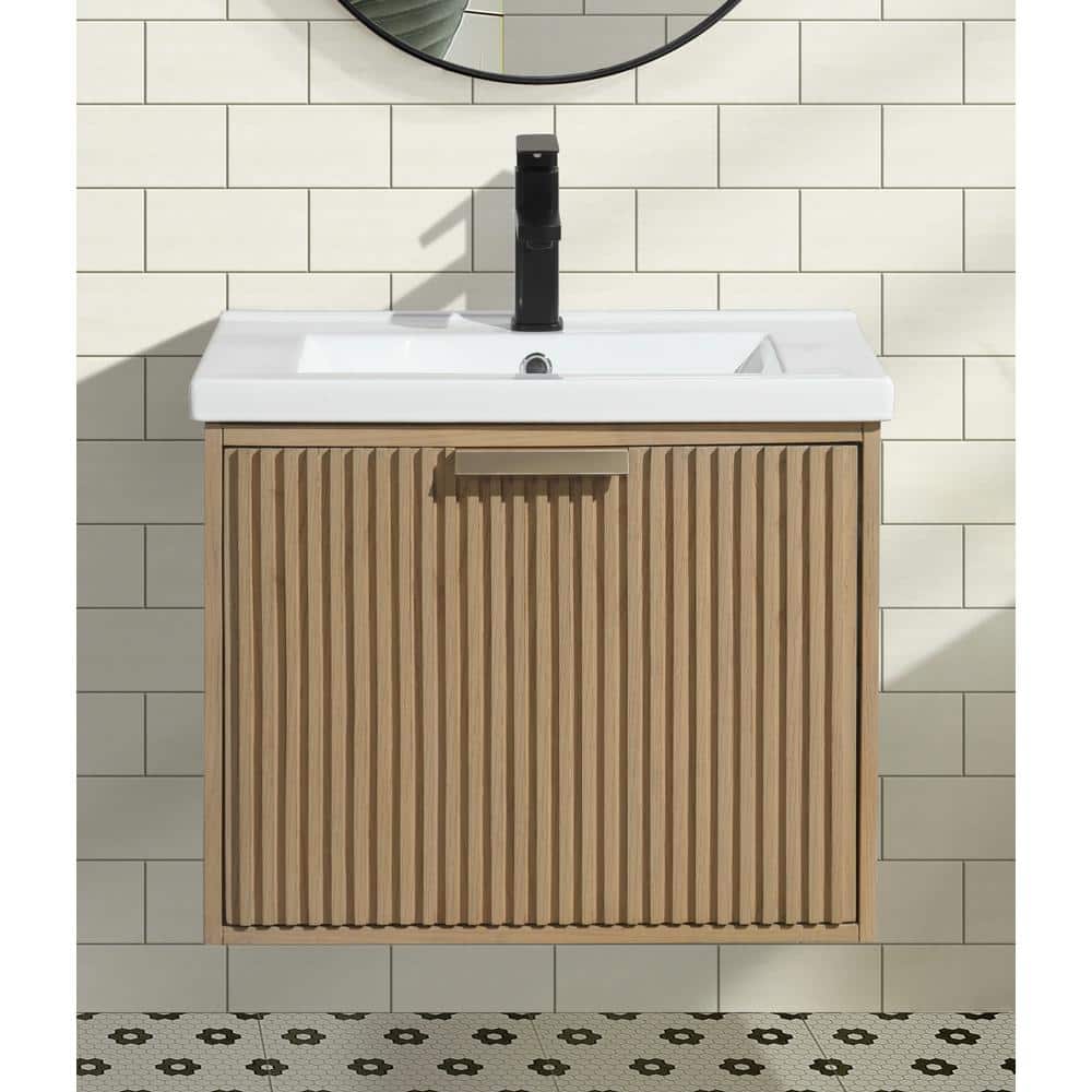 24'' Oak Floating Single Bathroom Vanity with Ceramic Sink