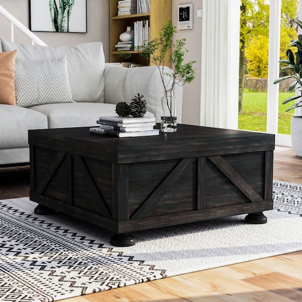 Furniture of America Medrum 36 in. Antique Black Square Solid Wood Coffee Table with Storage