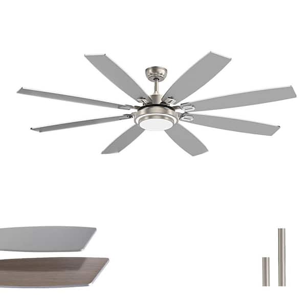 LuminFan 72 in. Nickel Finish Silver Reversible Blades Downrod Mount Ceiling Fan with Integrated LED and Remote Control