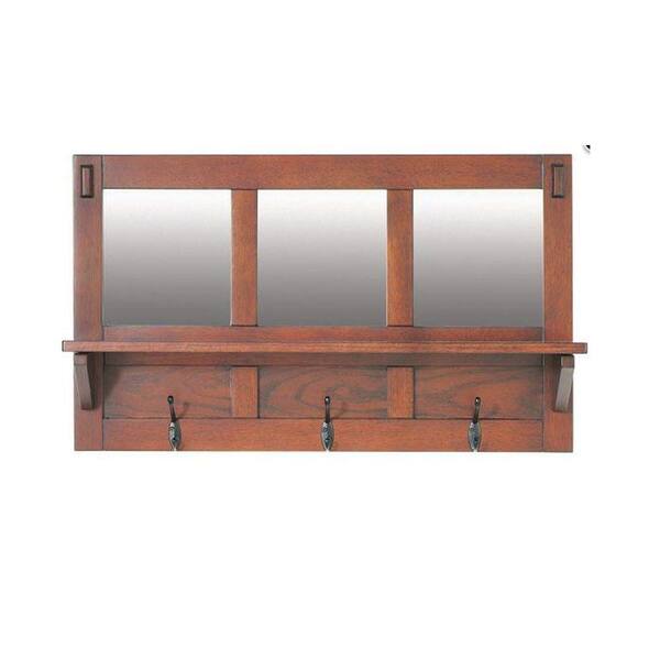 Unbranded Artisan 18 in. 3-Hook Wall Shelf with Mirror in Light Oak