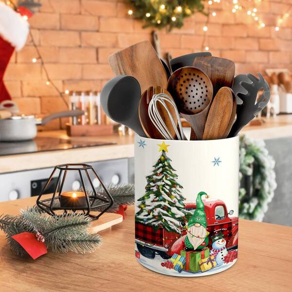 Numhew 6.3 in. Ceramic Cute Christmas Gnome Truck Utensils Holder