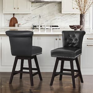 26 in. Black Faux Leather Swivel Barstool Solid Wood Counter Stool with Nail Head Trim and Tufted Backrest (Set of 2)