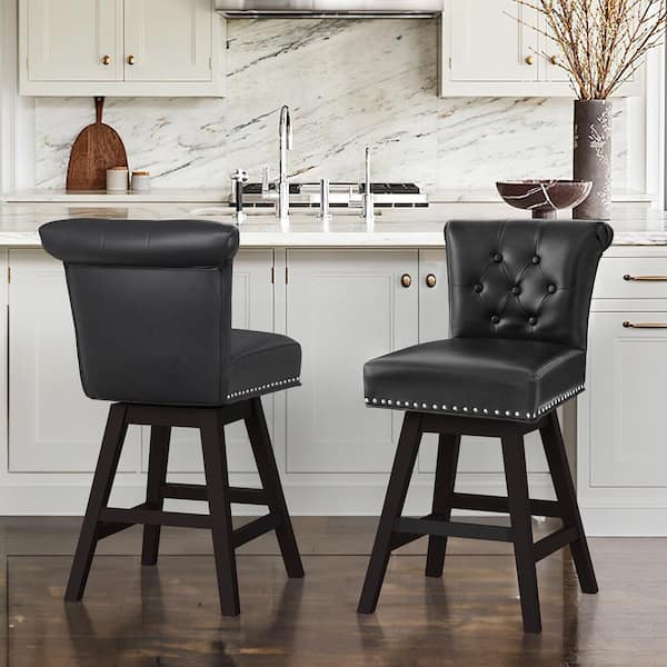 cozyman 26 in. Black Faux Leather Swivel Barstool Solid Wood Counter Stool with Nail Head Trim and Tufted Backrest (Set of 2)