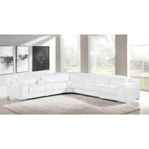 139 in. Round Arm 7-piece Leather L-Shaped Sectional Sofa in. White