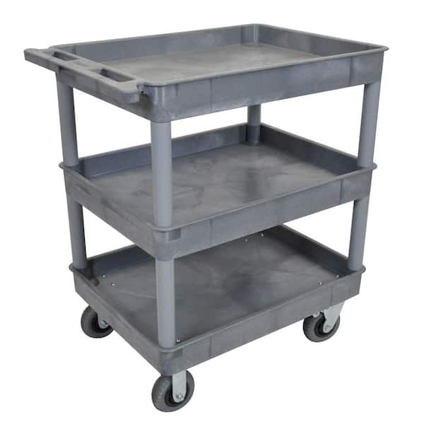 Luxor 24 in. x 32 in. 3-Tub Shelf Plastic Utility Cart with 6 in. Semi-Pneumatic Casters, Gray