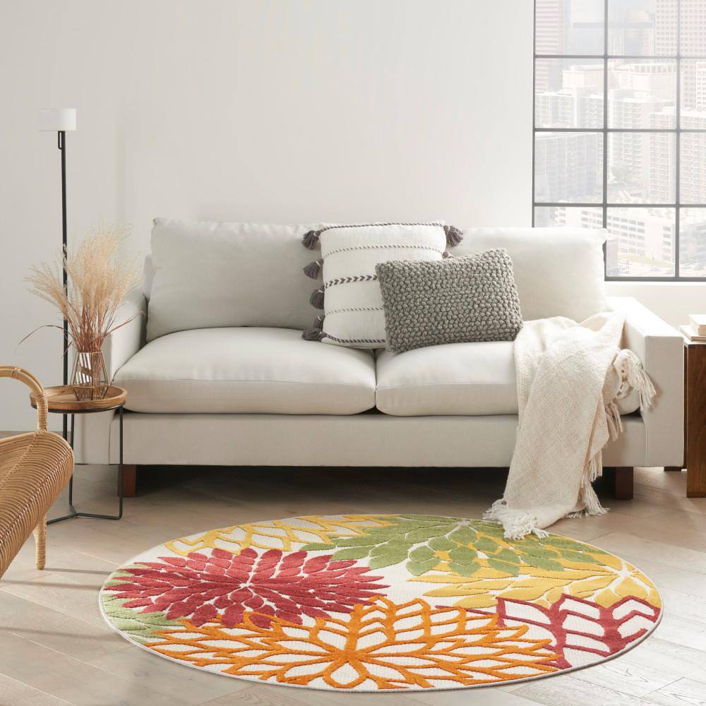 Red Floral Synthetic Round 5'3" Reversible Outdoor Rug