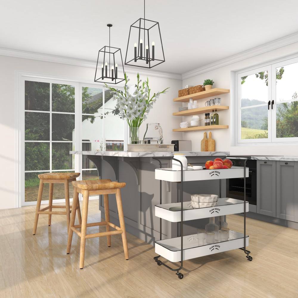 White Metal Rolling Utility Cart with Black Accents and Farmhouse Design