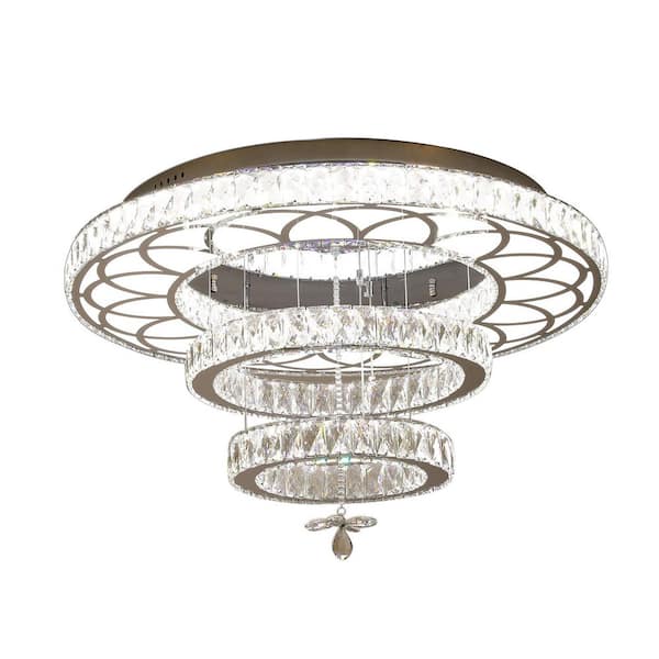 OUKANING 21.6 in. 1-Light Silver Modern Crystal Dimmable Selectable LED Semi-Flush Mount Ceiling Light with Remote