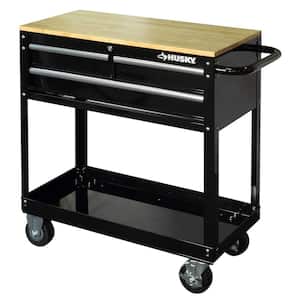36 in. W x 17 in. D Standard Duty 3-Drawer Rolling Tool Cart with Hardwood Top in Gloss Black