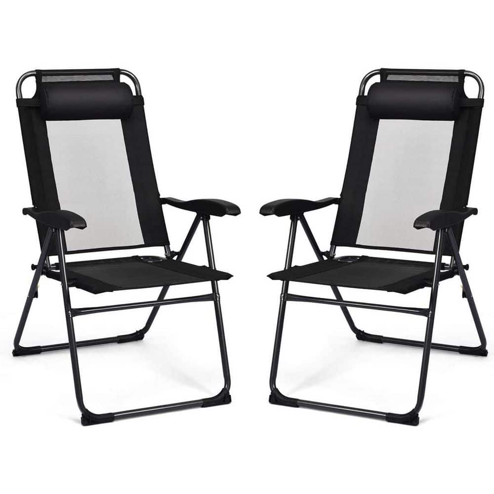 Folding Metal Outdoor Dining Chair in Black with Headrest (Set of 2)