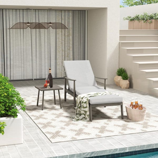 EGEIROSLIFE 1-Piece Aluminum Outdoor Patio Chaise Lounge with Side Table and Gray Cushions