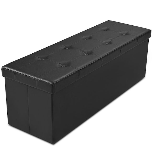 HONEY JOY Black Faux Leather Bench Large Folding Storage Stool 45 in. x 15 in. x 15 in.