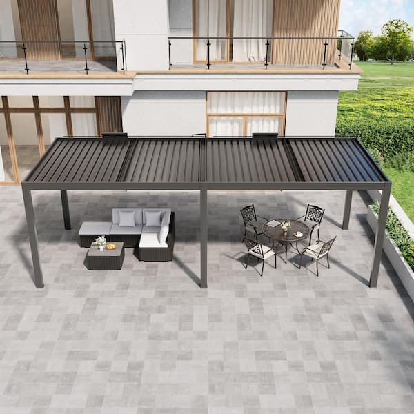 13 ft. x 25 ft. Dark Gray Aluminum Patio Pergola with Built-In Solar Panel, Ceiling Fan and Round LED Light