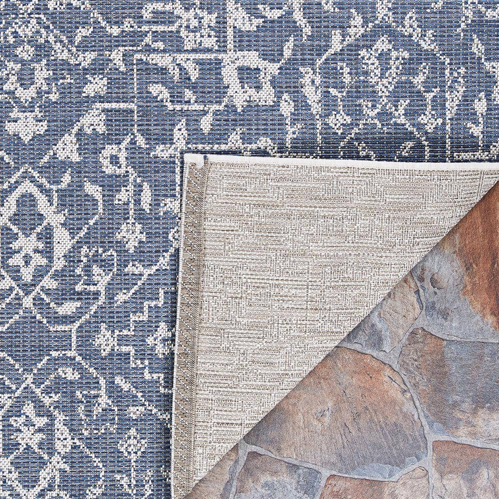 Navy-Ivory Floral Flatwoven Wool-Blend 8'6" x 13' Area Rug