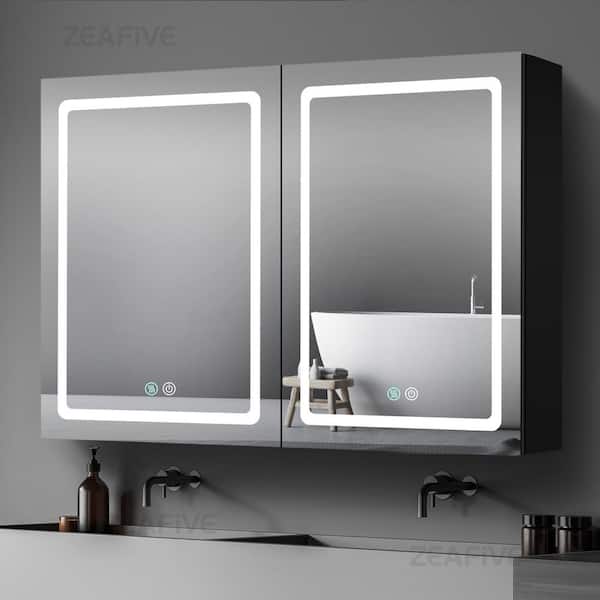 Zeafive 40 in. W x 30 in. H Surface Mount Rectangular Black Aluminum Defogging Lighted Bathroom Medicine Cabinet with Mirror