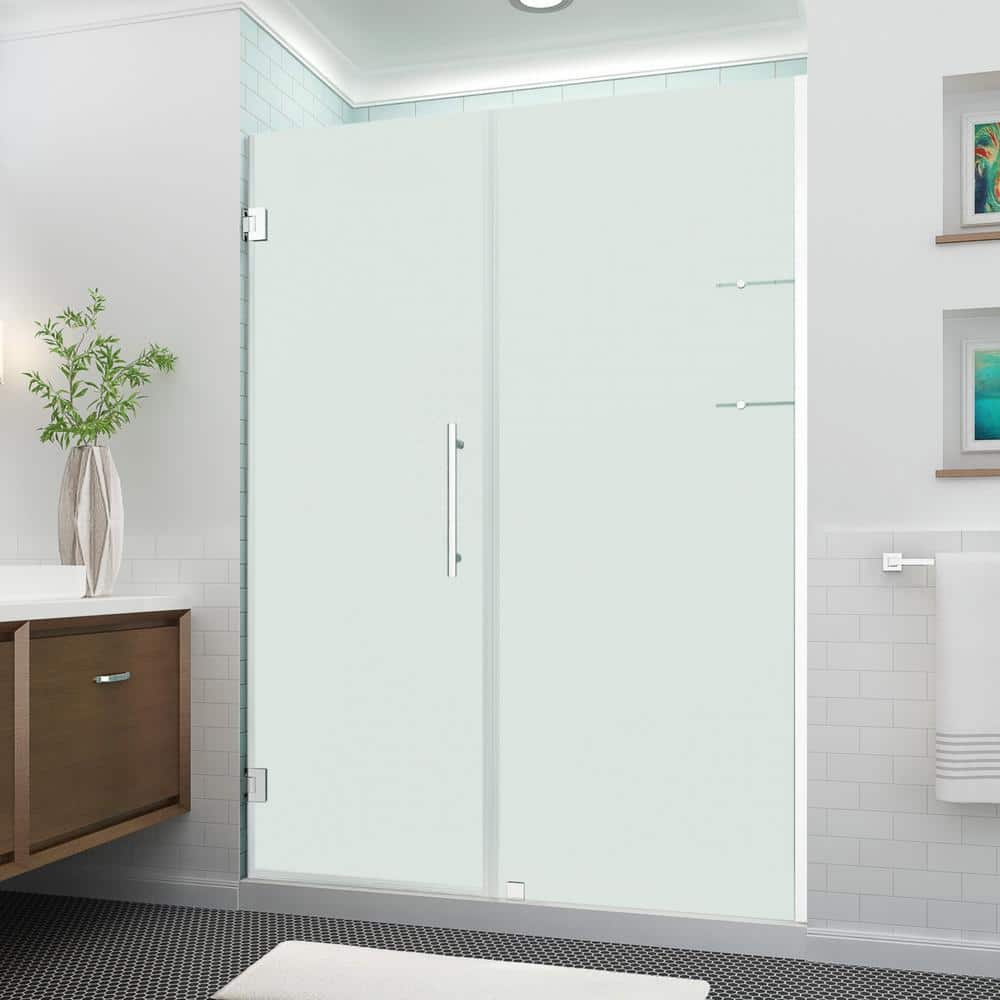 Aston Belmore GS 64.25 in. to 65.25 in. x 72 in. Frameless Hinged Shower Door with Frosted Glass and Glass Shelves in Chrome