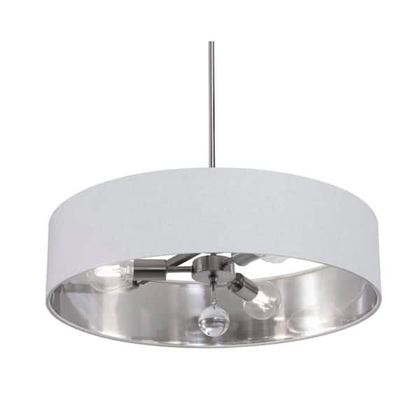 AFX Celine 60-Watt 3-Light Satin Nickel Shaded Pendant Light with Fabric Shade and No Bulbs Included