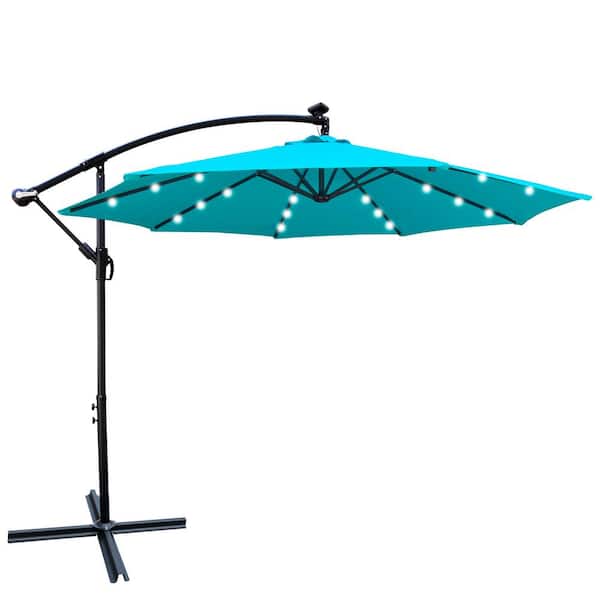 10 ft. Outdoor Patio Market Umbrella in Turquoise with Solar Powered LED, Crank and Cross Base