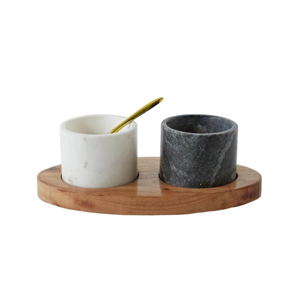 Marble Bowls with Brass Spoon on Mango Wood Tray