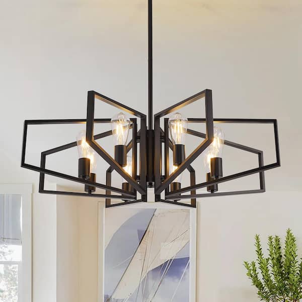 8-Light Black Farmhouse Chandelier for Kitchen Island, Hanging Industrial Metal Chandelier