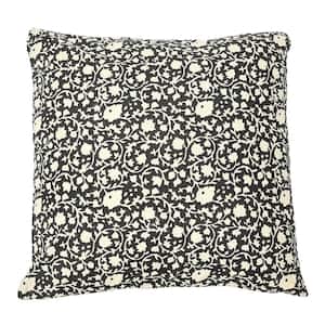 Black and White Vintage Inspired Floral Block Pattern Square Cotton Decorative Throw Pillow