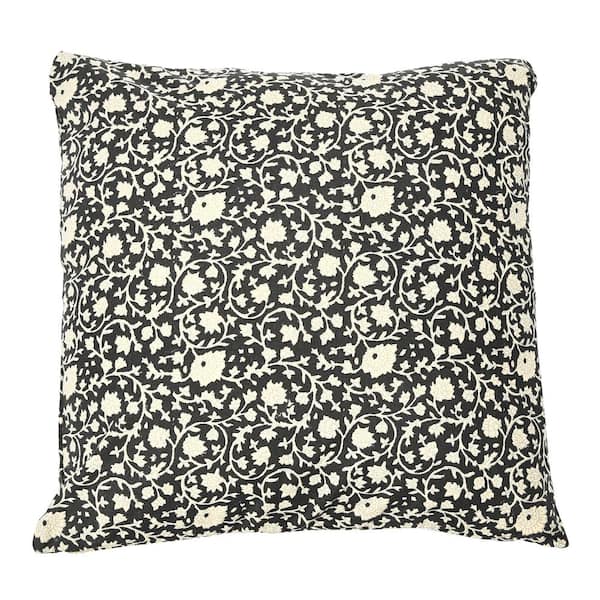 Storied Home Black and White Vintage Inspired Floral Block Pattern Square Cotton Decorative Throw Pillow