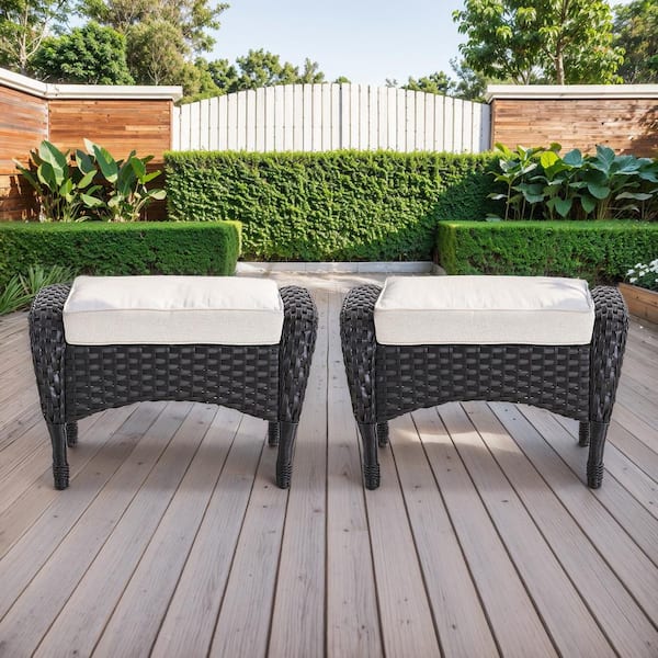 Annies Black Wicker Outdoor Ottoman Patio Footrests with Beige Cushion （2-Pack)