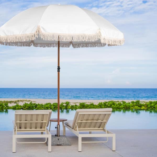 GARSING 7.5ft Metal Outdoor Beach Umbrella with Tassel in White