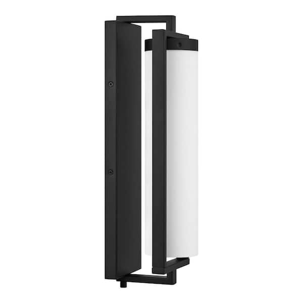 Hampton Bay Libby 16.37 in. 1-Light Medium Matte Black Transitional Outdoor Wall Lantern with Opal Glass Shade