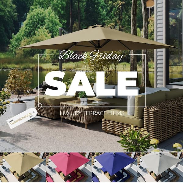 10 ft. Aluminum Cantilever Outdoor Patio Umbrella Bluetooth Atmosphere Lights 360-Degree Rotation in Taupe with Base