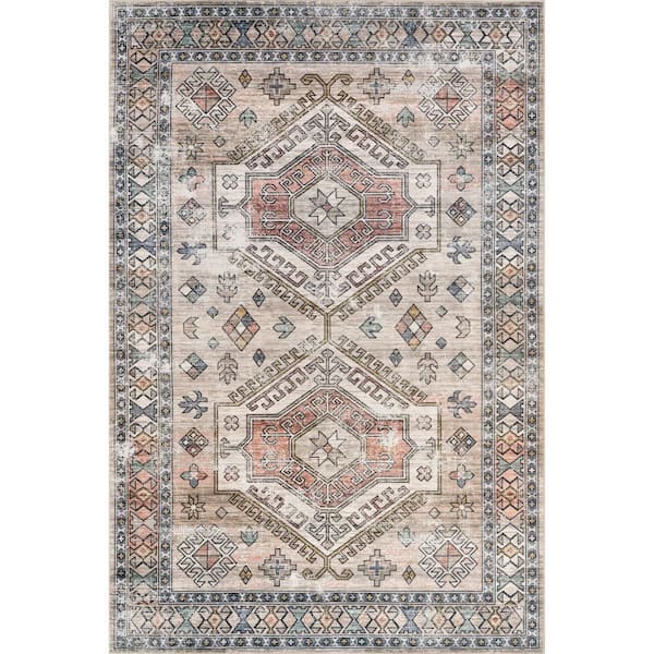 Nordic Emblems Spill Proof Washable Peach 8 ft. x 8 ft. Indoor Area Rug