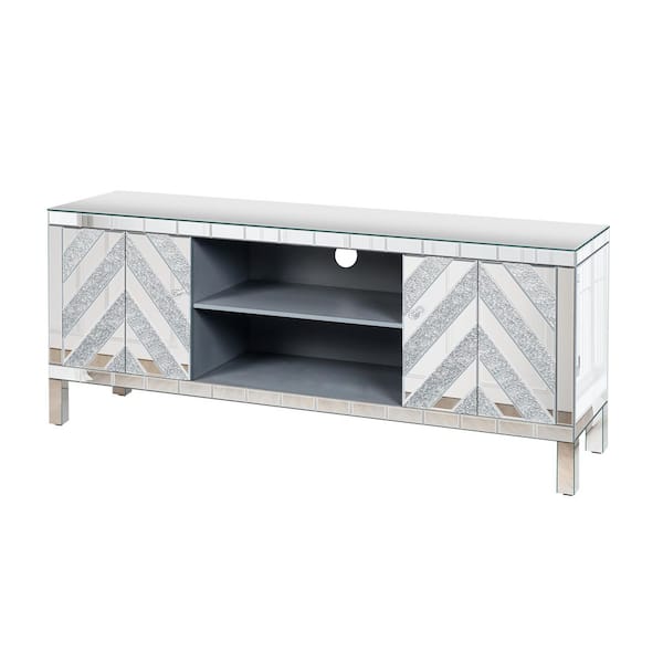 59 in. W x 15.7 in. D x 25 in. H Silver Linen Cabinet with Open Storage, M Shape Sparkling Mirror Doors