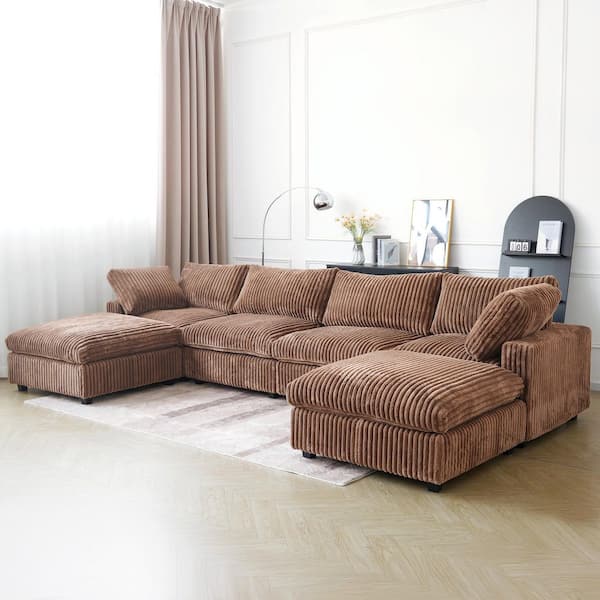 157 in. Square Arm Faux Rabbit Fur Velvet U-Shaped Modular Sofa Lawson Cloud Couch with Ottoman for Living Room in Brown