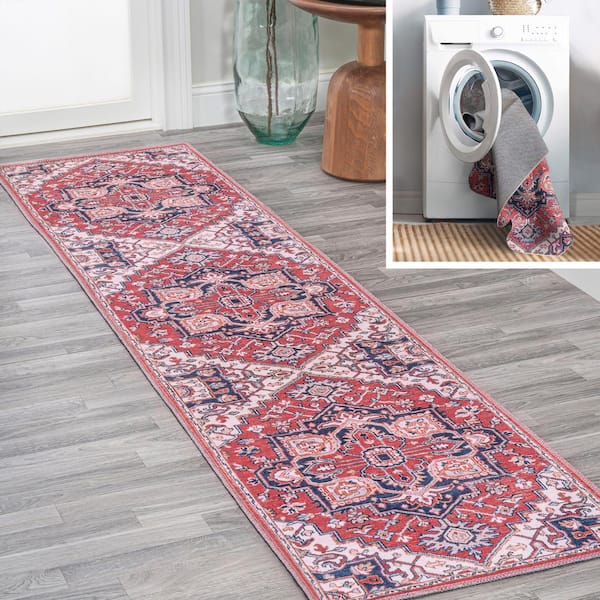 JONATHAN Y Cirali Ornate Red/Navy 2 ft. x 8 ft. Large Medallion Machine Washable Indoor Area Rug