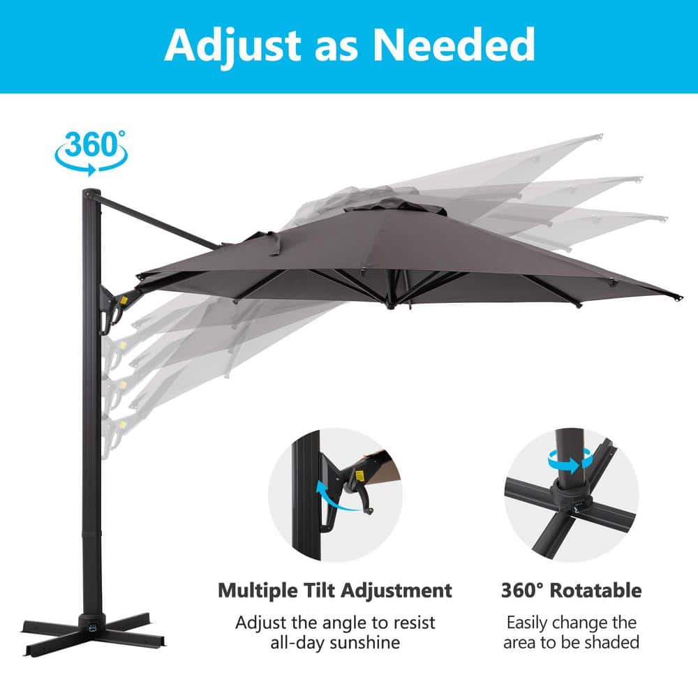 11 ft. Gray Cantilever Patio Umbrella with Steel Pole and 360° Rotation