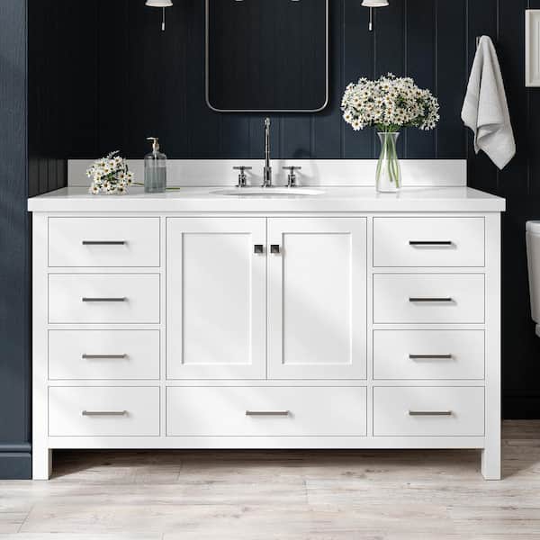 ARIEL Cambridge 61 in. W x 22 in. D x 36 in. H Vanity in White with Pure White Quartz Top