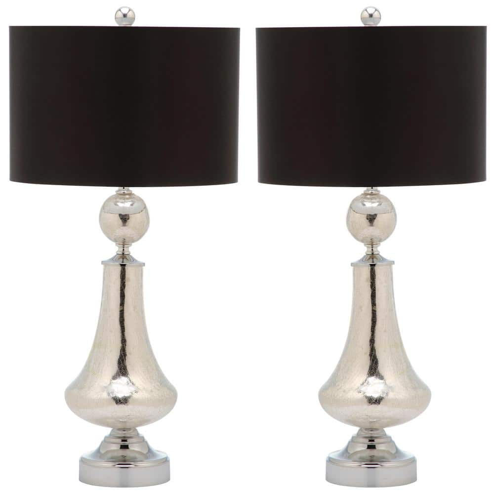 SAFAVIEH Mercury 25.5 in. Ivory/Silver Crackle Bell Glass Table Lamp with Black Satin Shade(Set of 2)