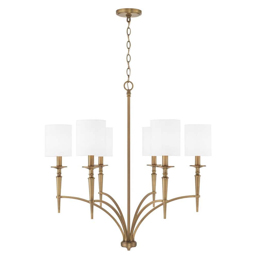 Abbie 6-Light Aged Brass Chandelier with White Fabric Stay-Straight Shades with No Bulbs Included price history on PriceWatchPro