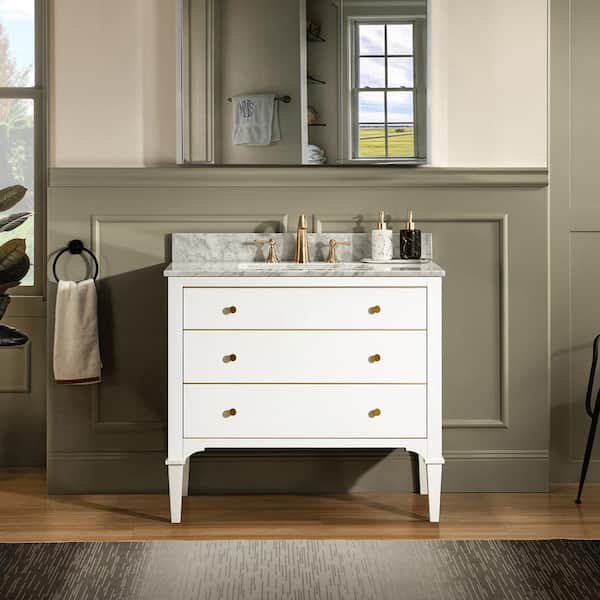 WOODBRIDGE Roma 37 in. W x 22 in. D Bath Vanity in White with Marble Vanity top in Carrara White with White Basin