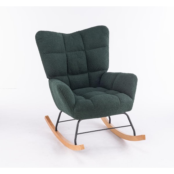 maocao hoom Upholstered Metal and Linen Outdoor Rocking Chair with Dark Green Cushion 1 of Chairs