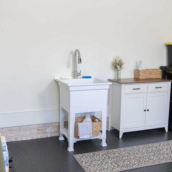 24 in. W x 24 in. D x 35 in. H Freestanding Laundry/Utility Sink in White with Stainless Steel Pull-Out Faucet